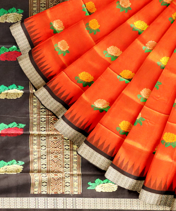 Orange black silk handloom bomkai saree