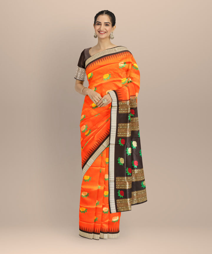 Orange black silk handloom bomkai saree