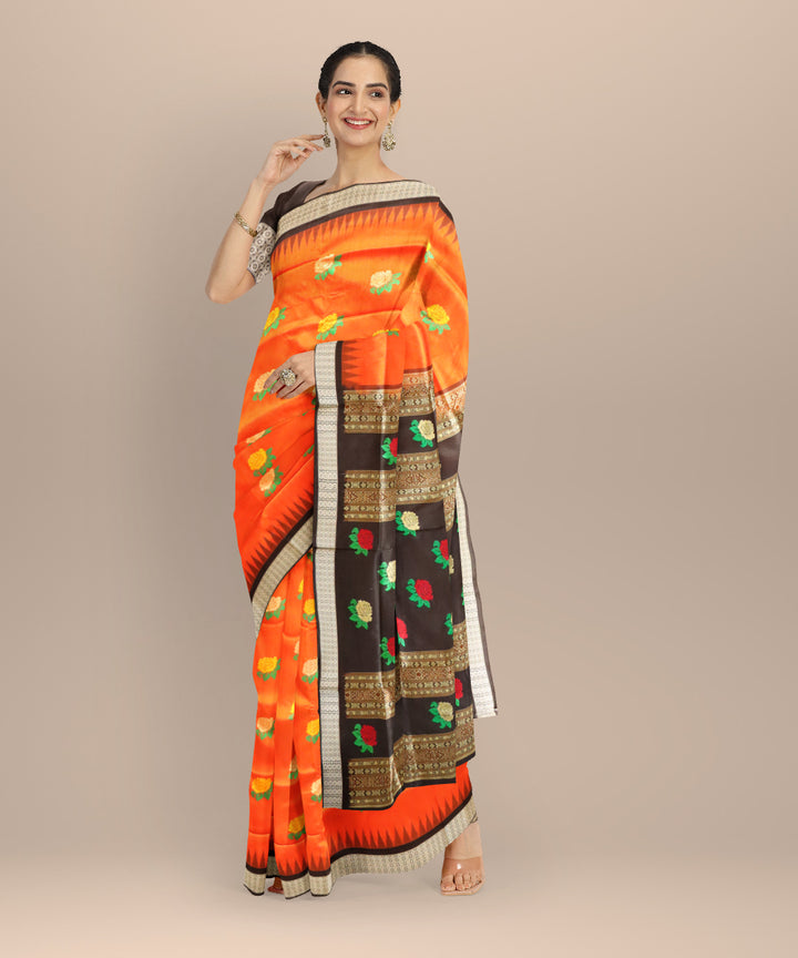Orange black silk handloom bomkai saree