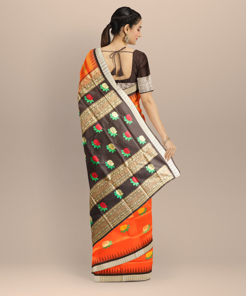 Orange black silk handloom bomkai saree