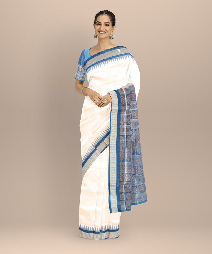 White cobalt silk handloom bomkai saree