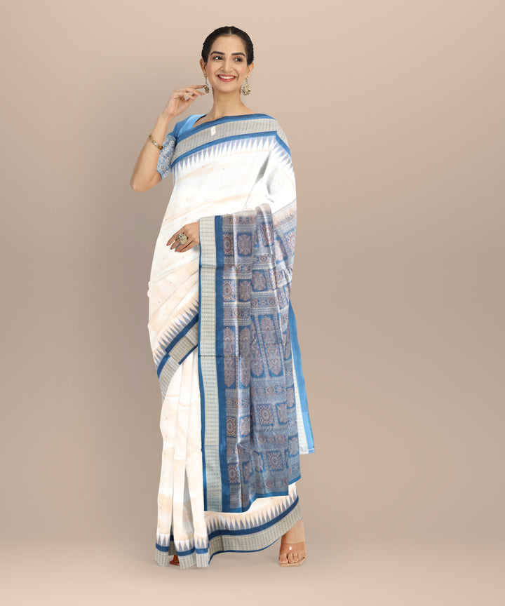 White cobalt silk handloom bomkai saree