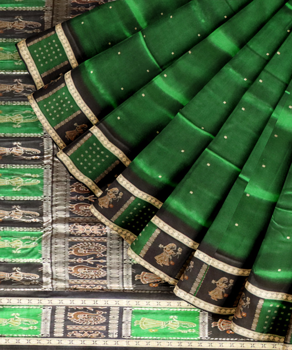 Dark green black silk handloom bomkai saree