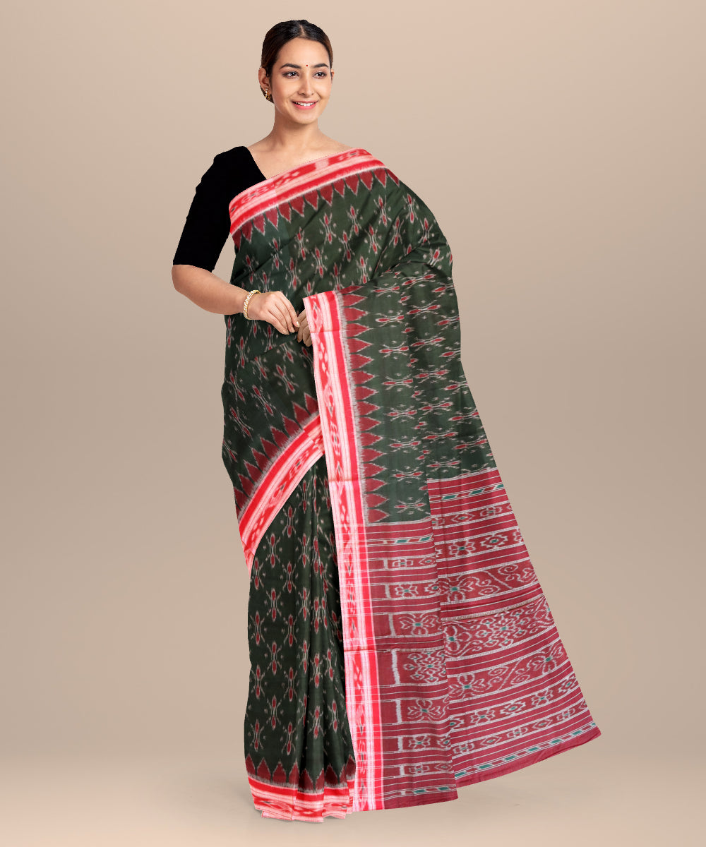 Dark green dark red cotton handloom nuapatna saree