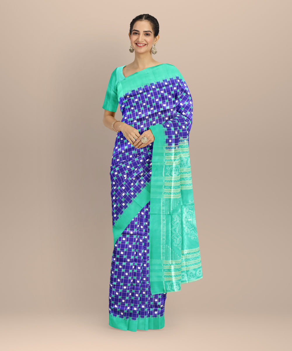 Sky blue caribbean green silk handloom sambalpuri saree
