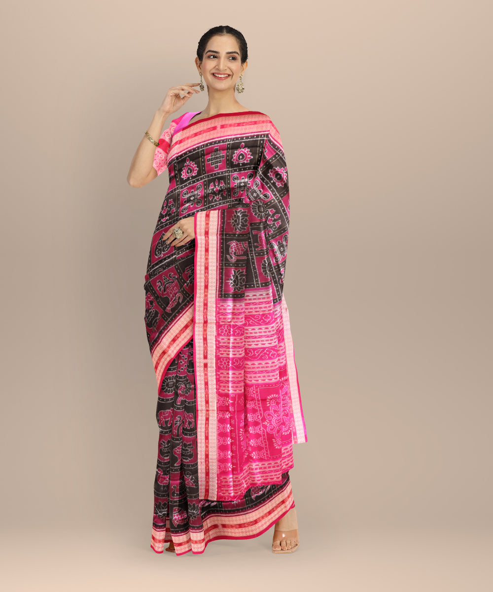 Multicolor cerise pink silk handloom sambalpuri saree