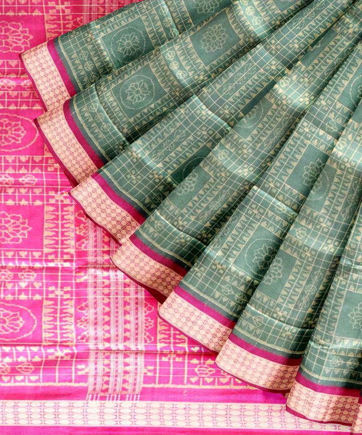 Teal green cerise pink silk handloom sambalpuri saree