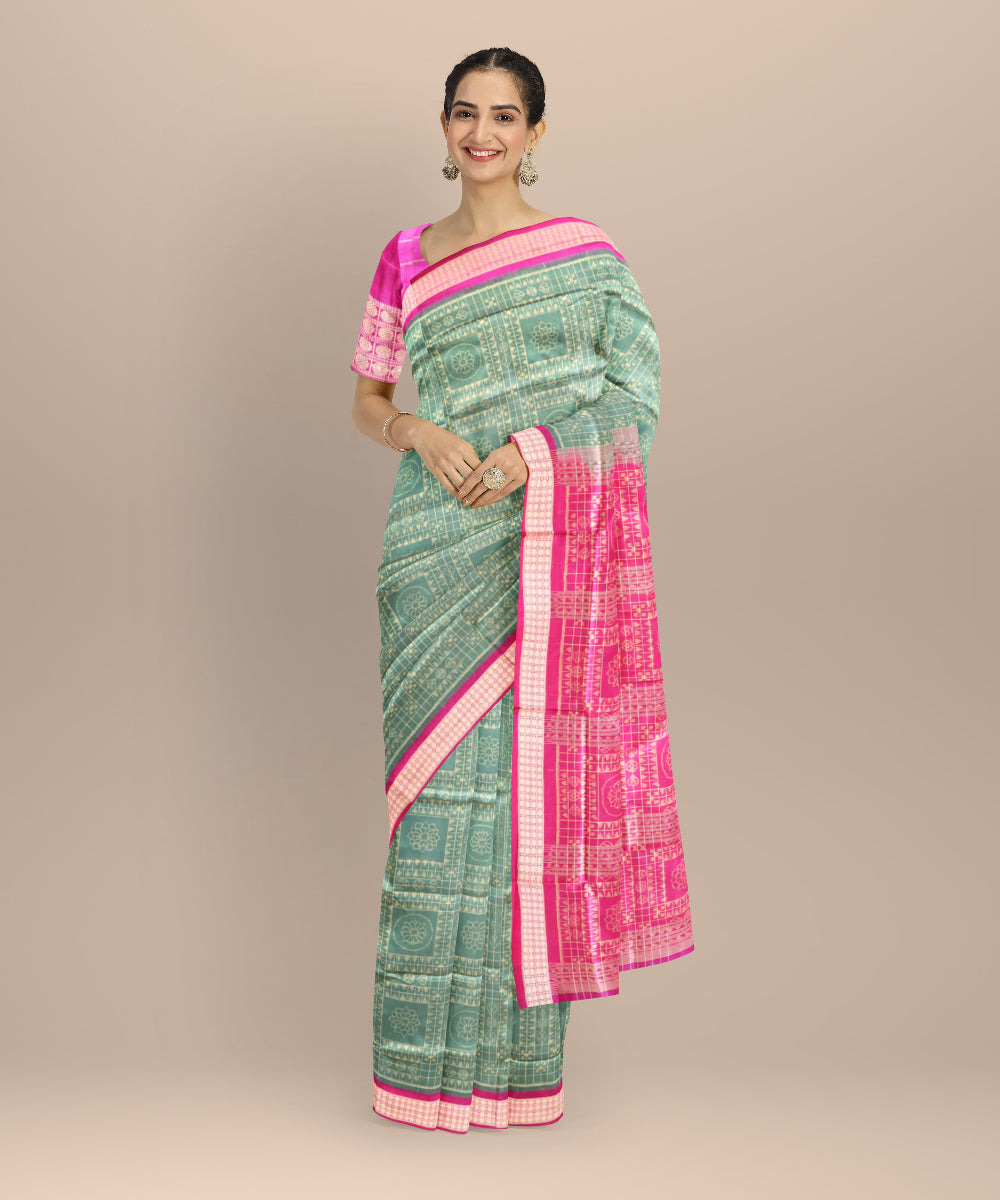 Teal green cerise pink silk handloom sambalpuri saree