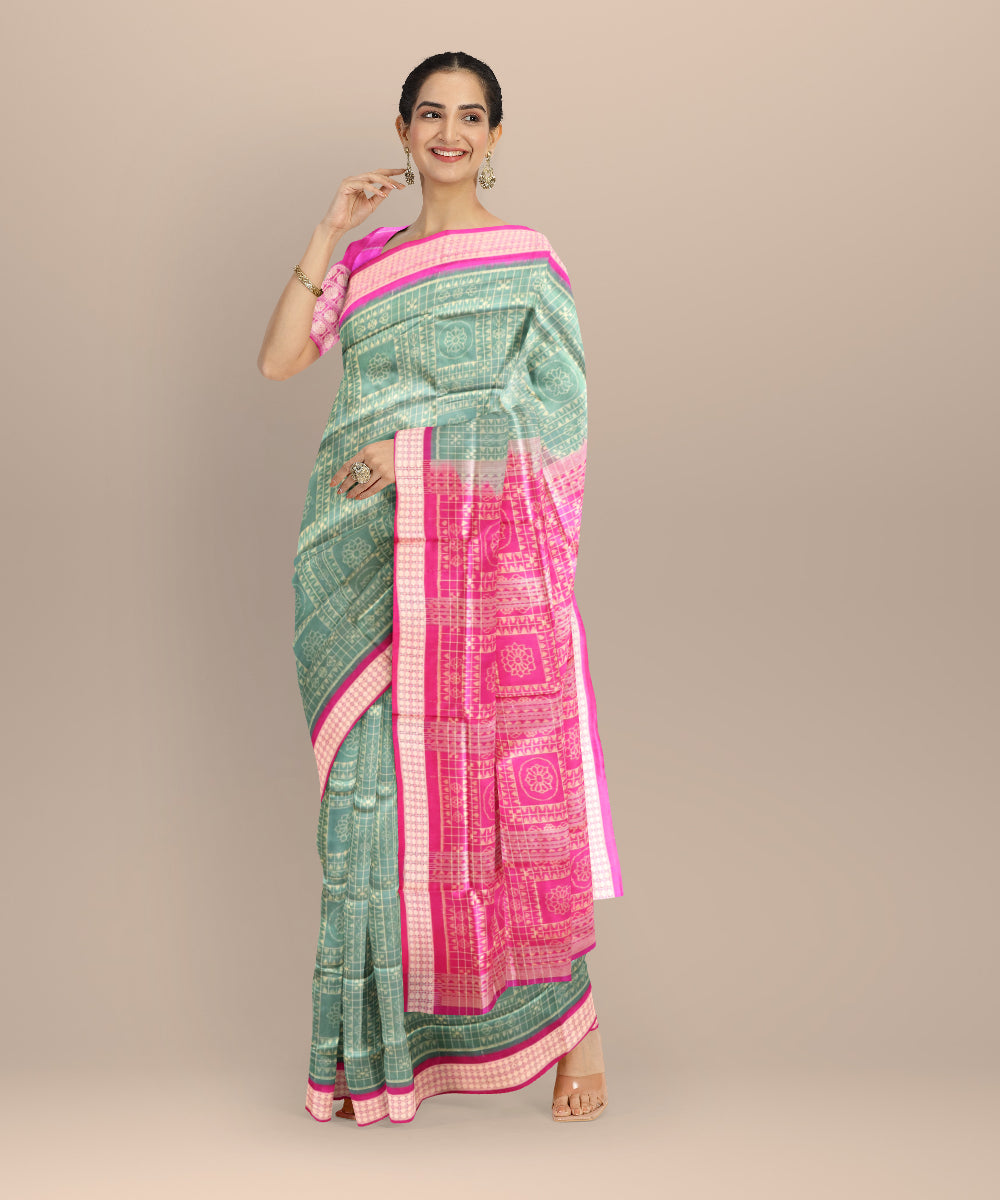 Teal green cerise pink silk handloom sambalpuri saree
