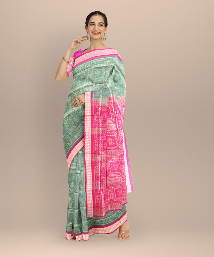 Teal green cerise pink silk handloom sambalpuri saree