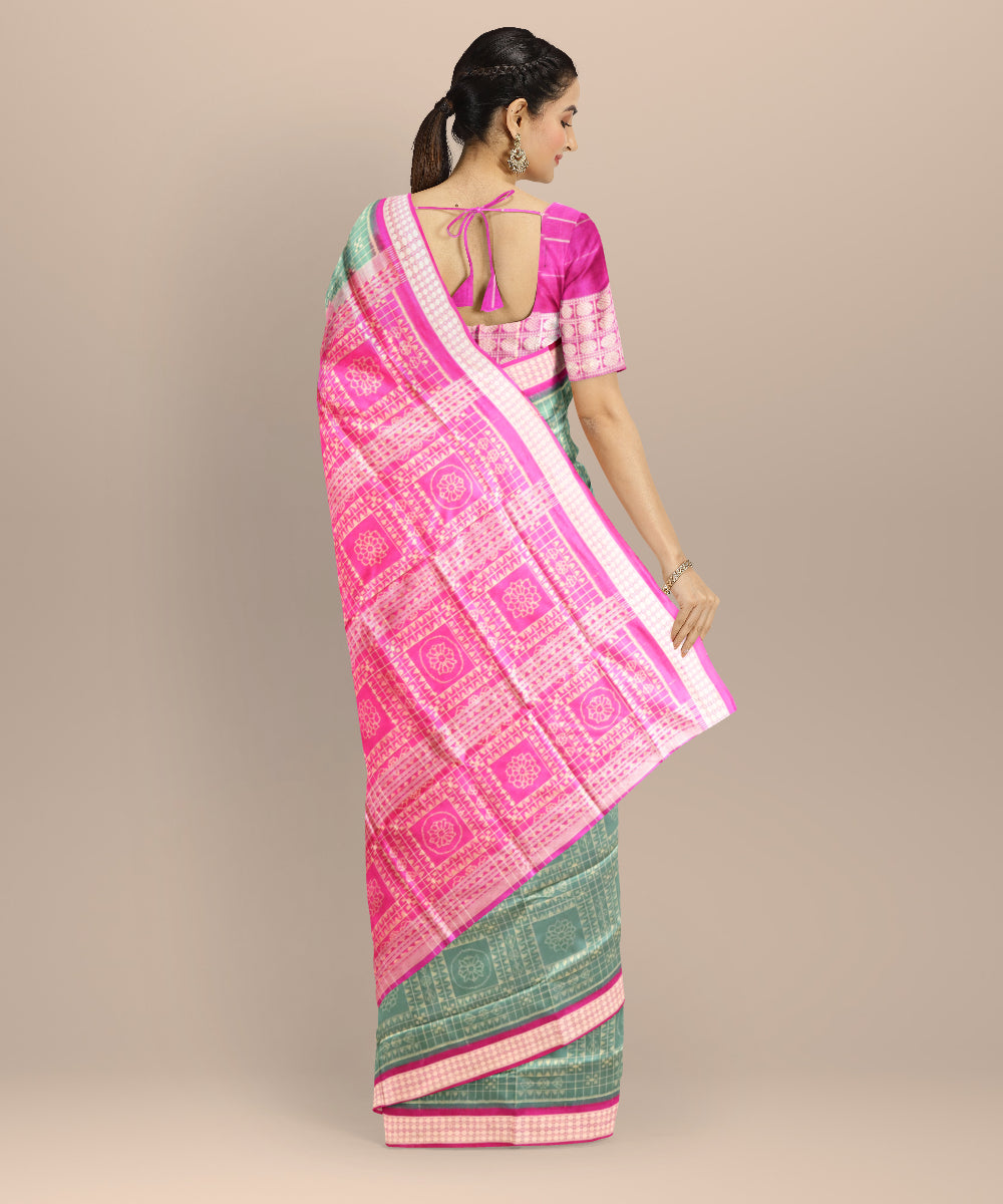 Teal green cerise pink silk handloom sambalpuri saree