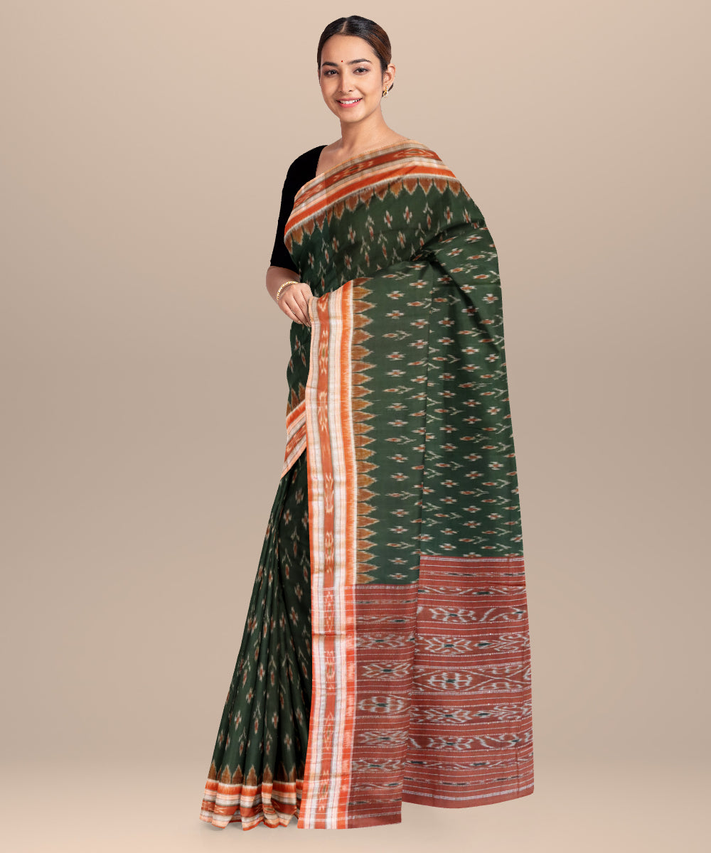 Dark green alloy orange cotton handloom nuapatna saree