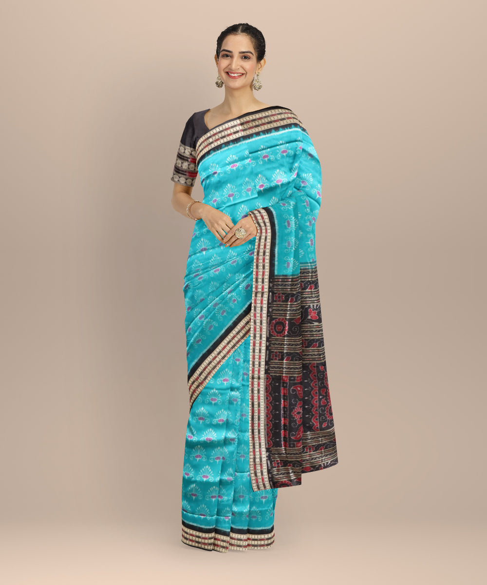 Sky blue black silk handloom sambalpuri saree