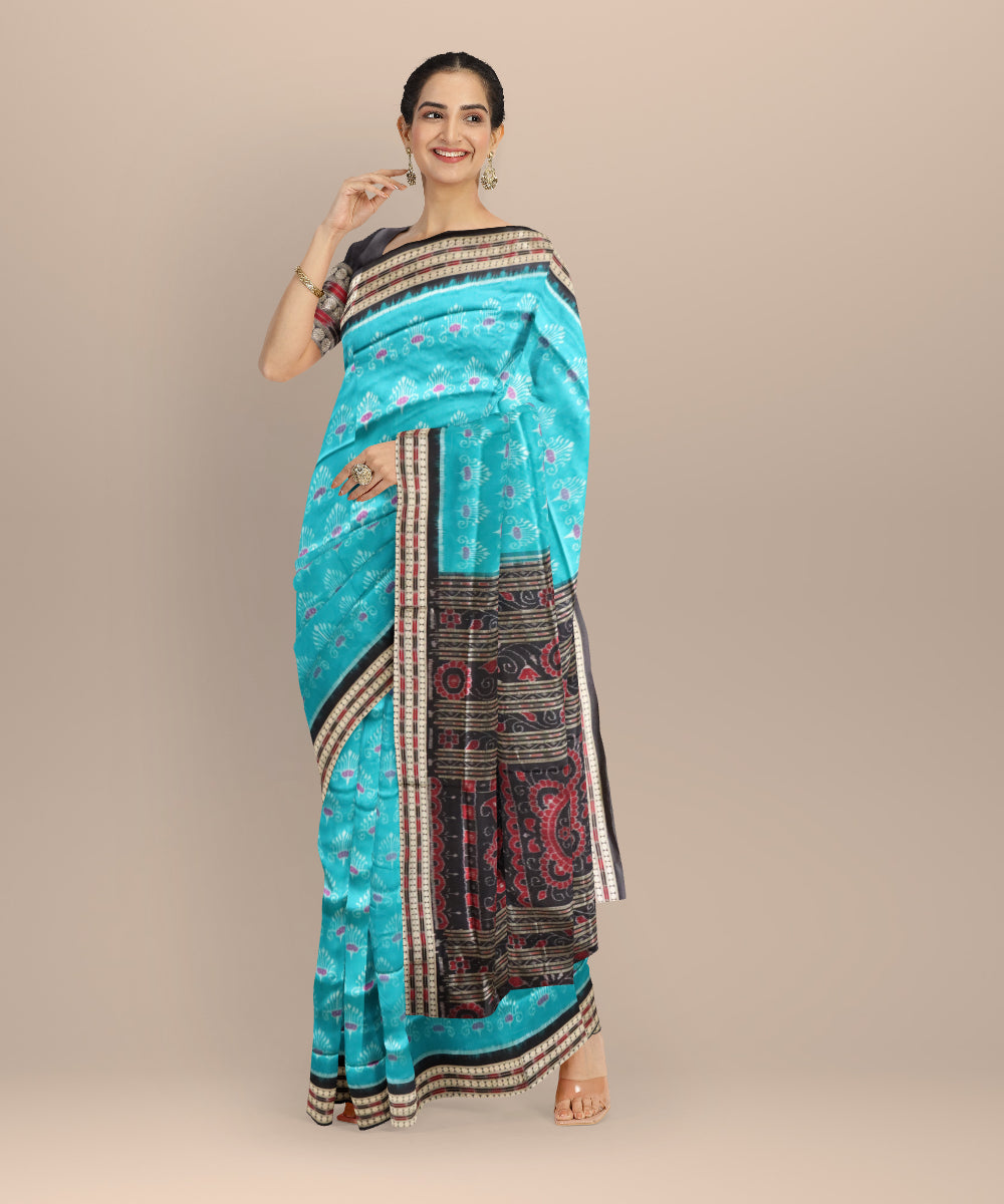 Sky blue black silk handloom sambalpuri saree