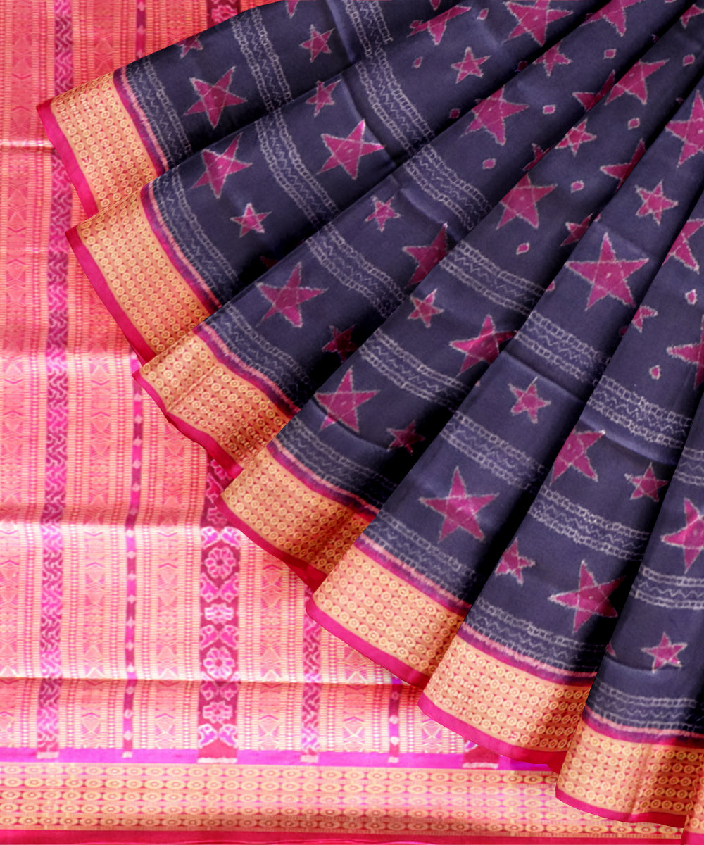 Cyan blue dogwood roses silk handloom sambalpuri saree