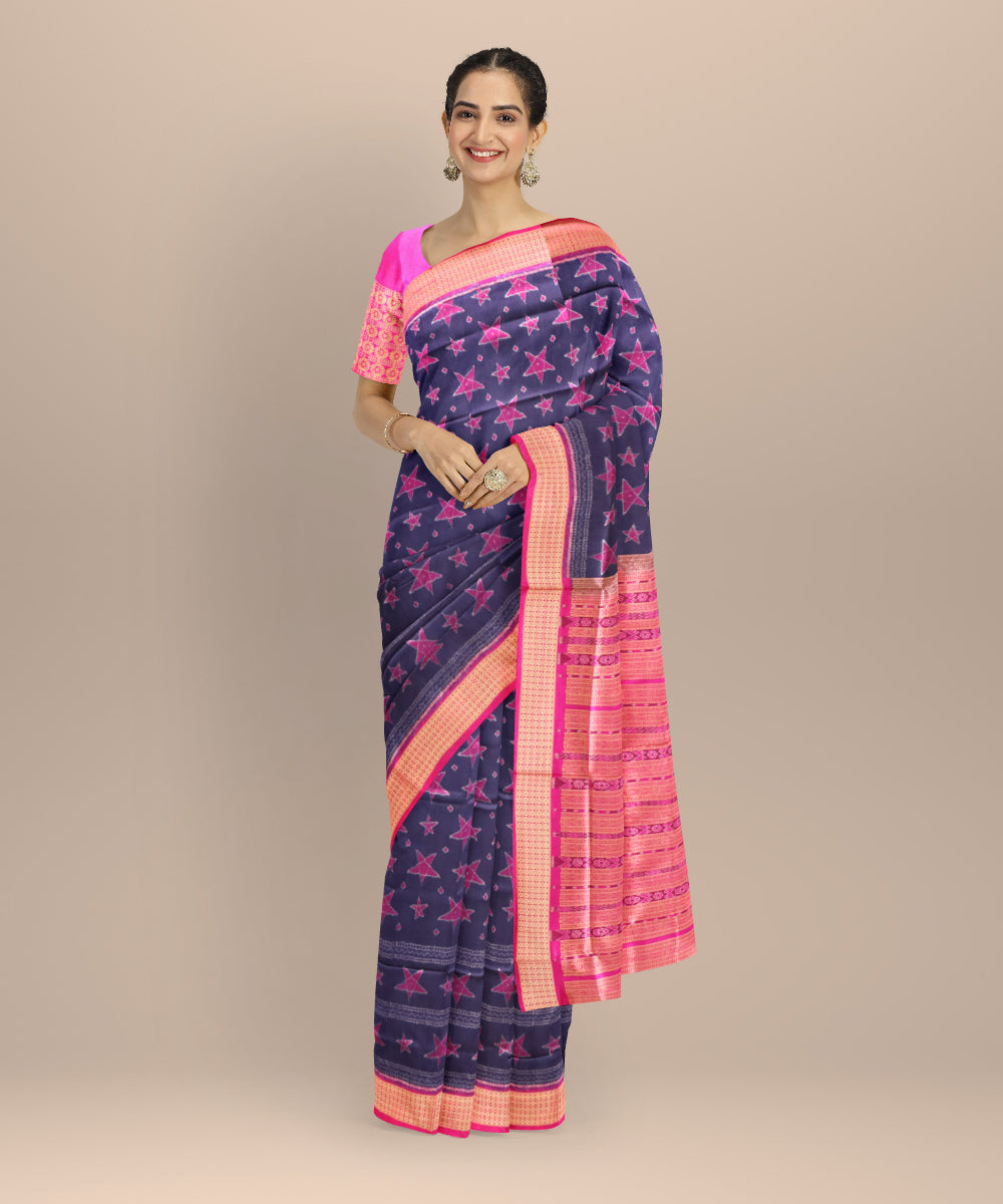 Cyan blue dogwood roses silk handloom sambalpuri saree