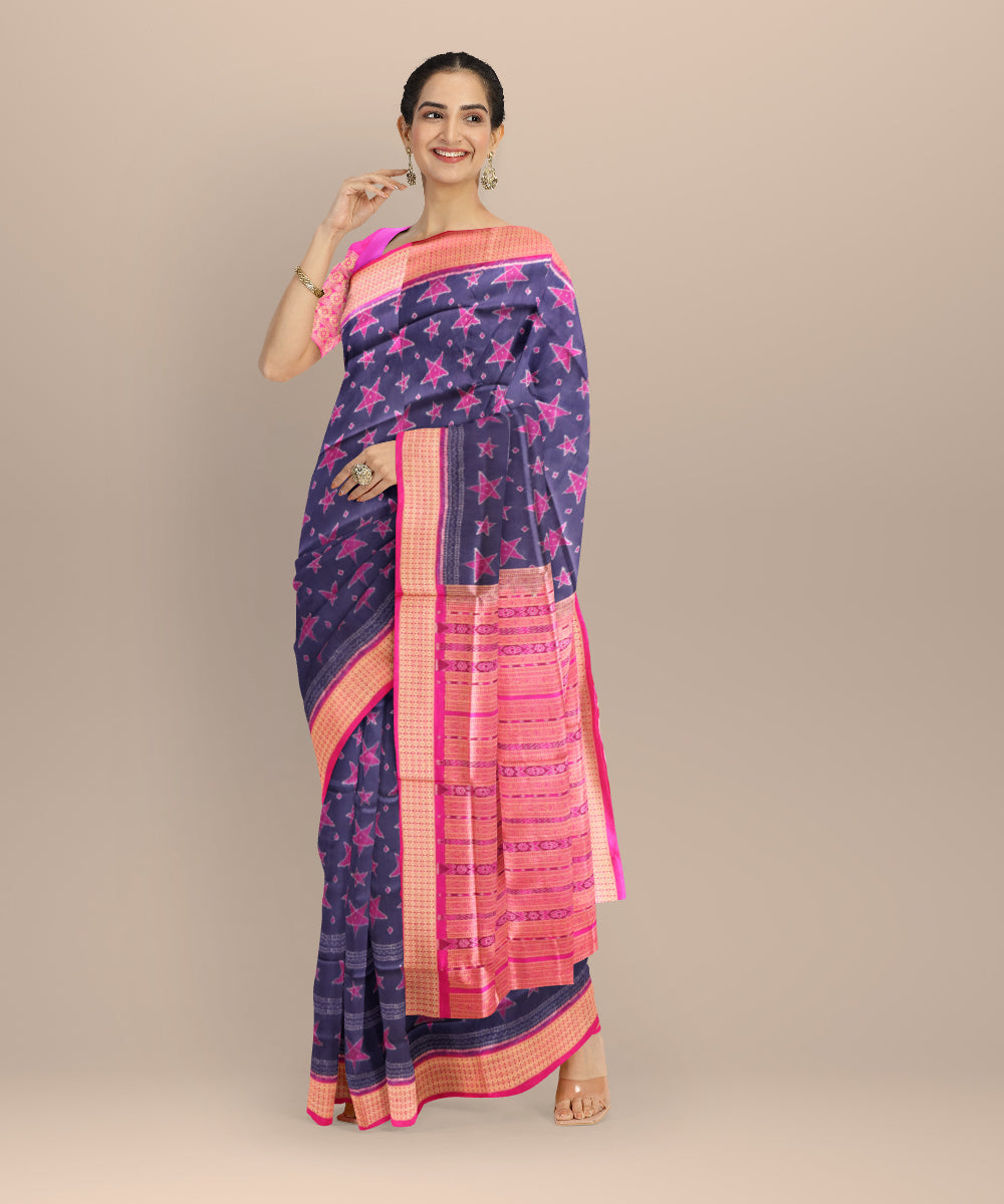 Cyan blue dogwood roses silk handloom sambalpuri saree