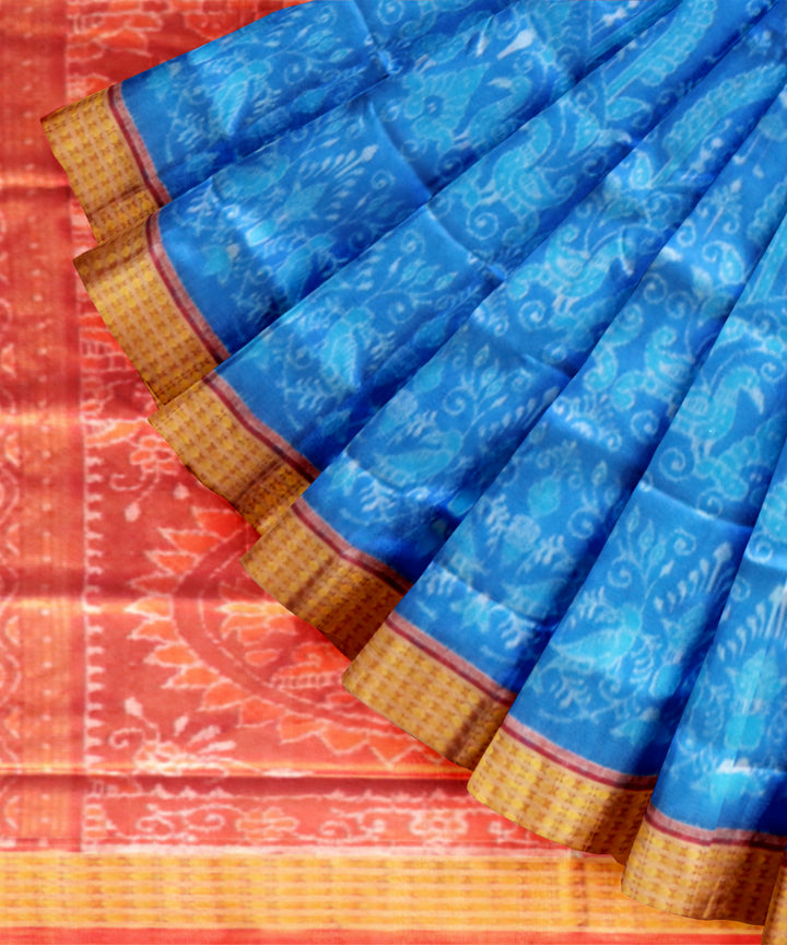 Cerulean blue maroon half tissue silk handloom sambalpuri saree