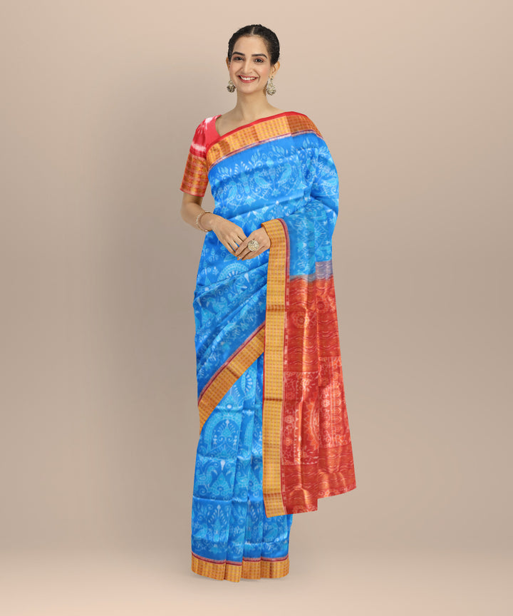 Cerulean blue maroon half tissue silk handloom sambalpuri saree