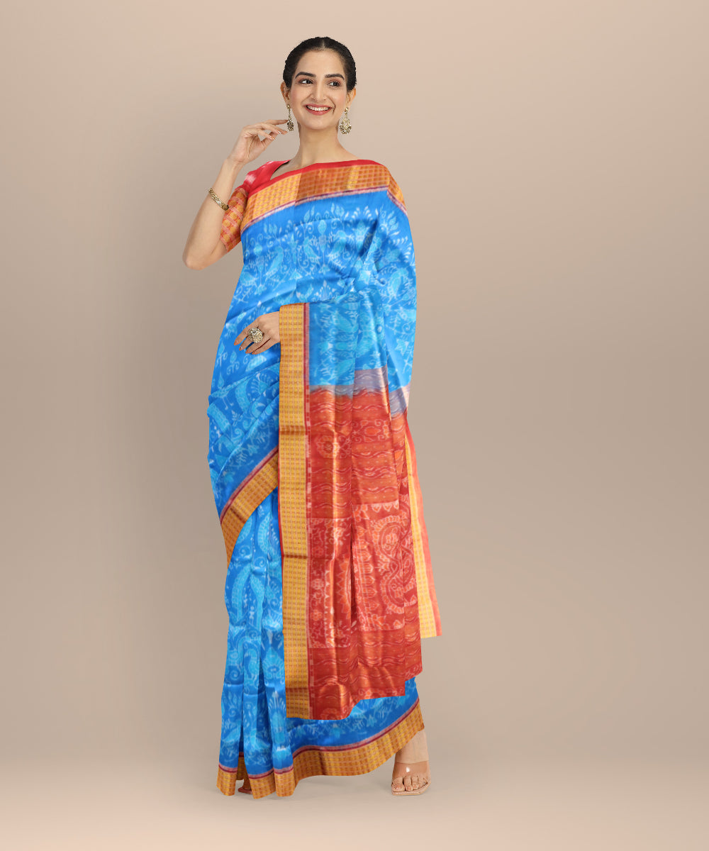 Cerulean blue maroon half tissue silk handloom sambalpuri saree