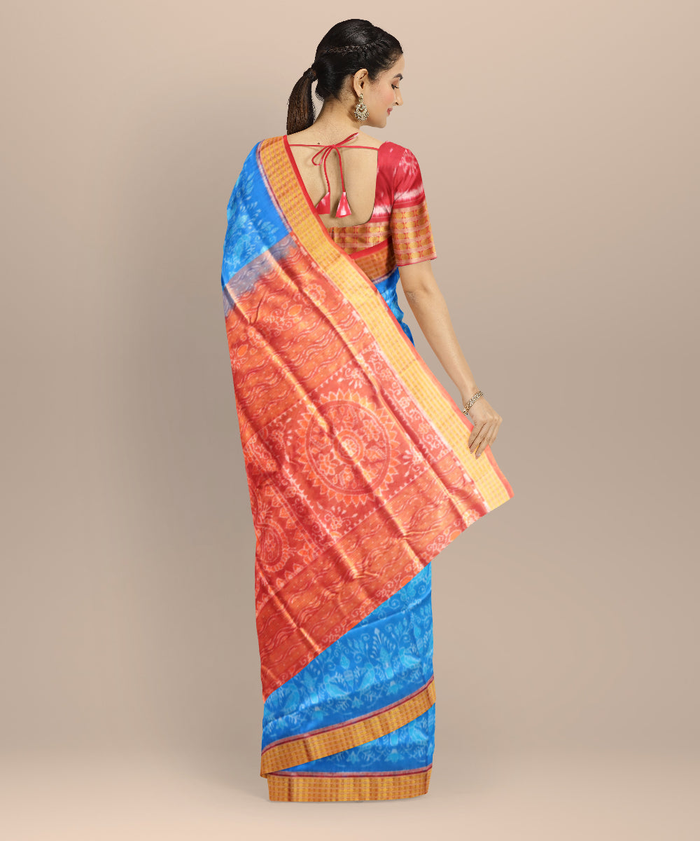 Cerulean blue maroon half tissue silk handloom sambalpuri saree