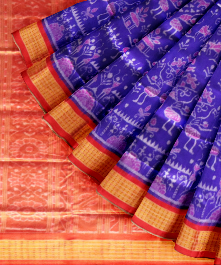 Navy blue dark red half tissue silk handloom sambalpuri saree