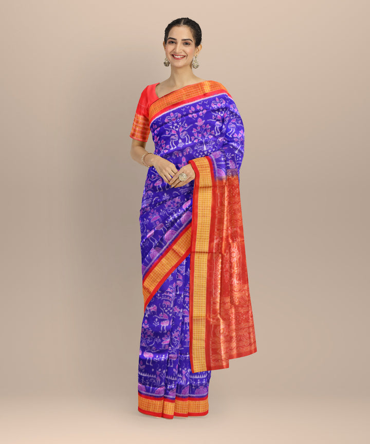 Navy blue dark red half tissue silk handloom sambalpuri saree