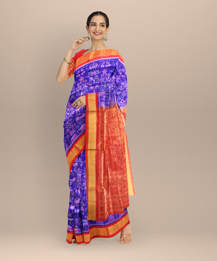 Navy blue dark red half tissue silk handloom sambalpuri saree