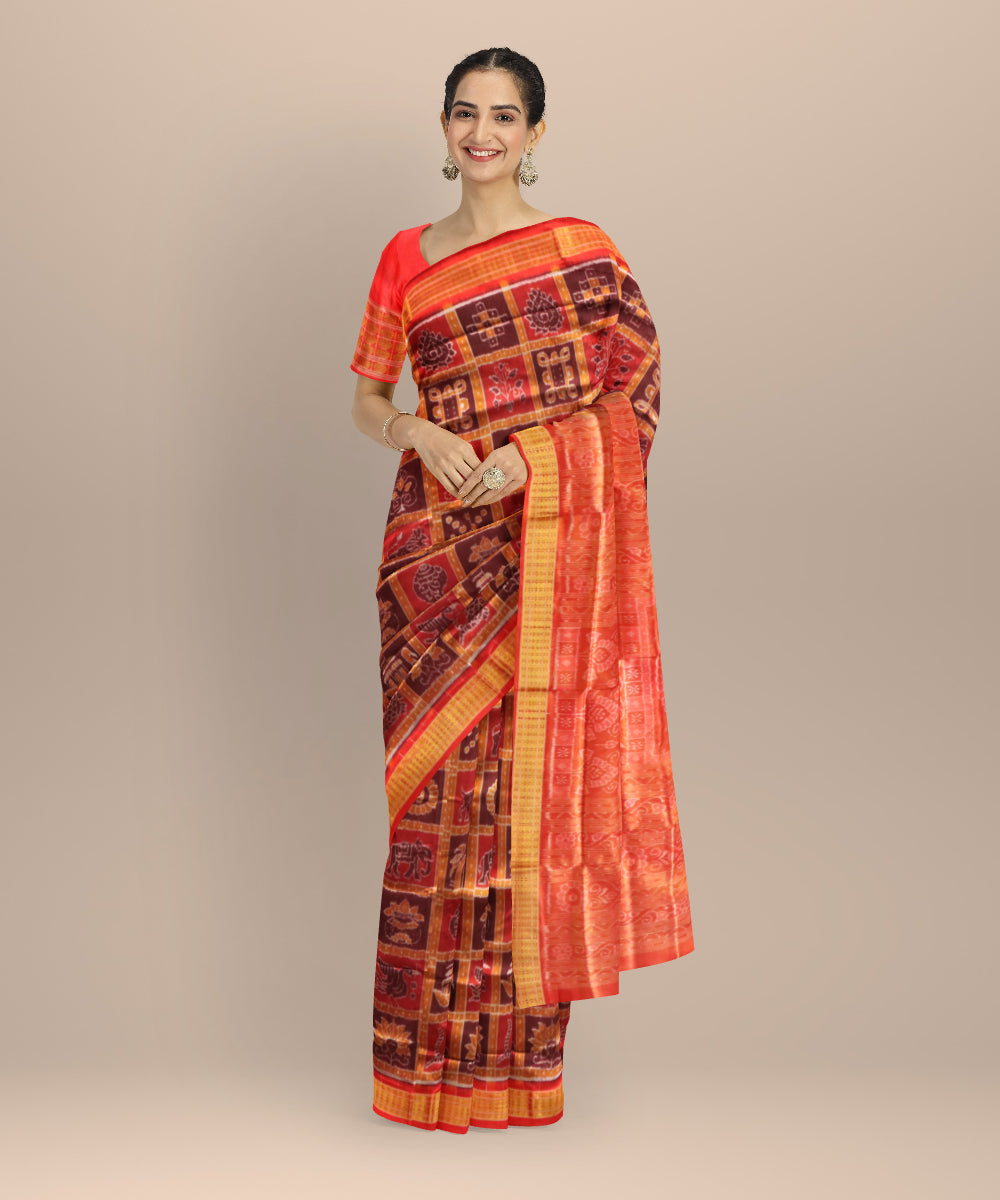 Multicolor dark red half tissue handloom silk sambalpuri saree