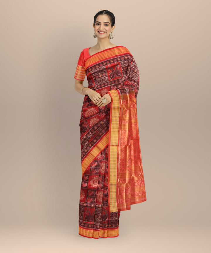 Multicolor dark red half tissue silk handloom sambalpuri saree