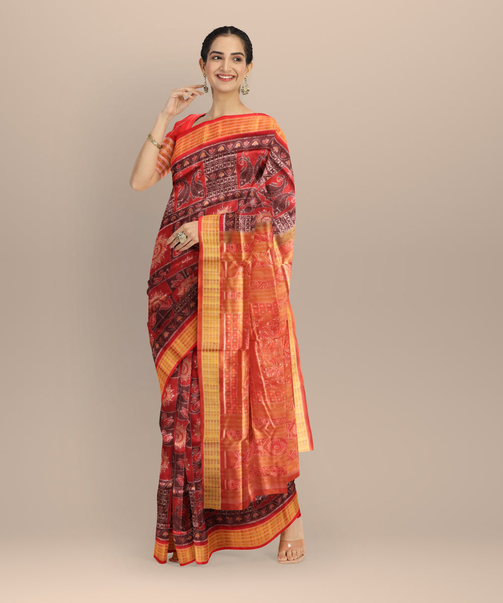 Multicolor dark red half tissue silk handloom sambalpuri saree