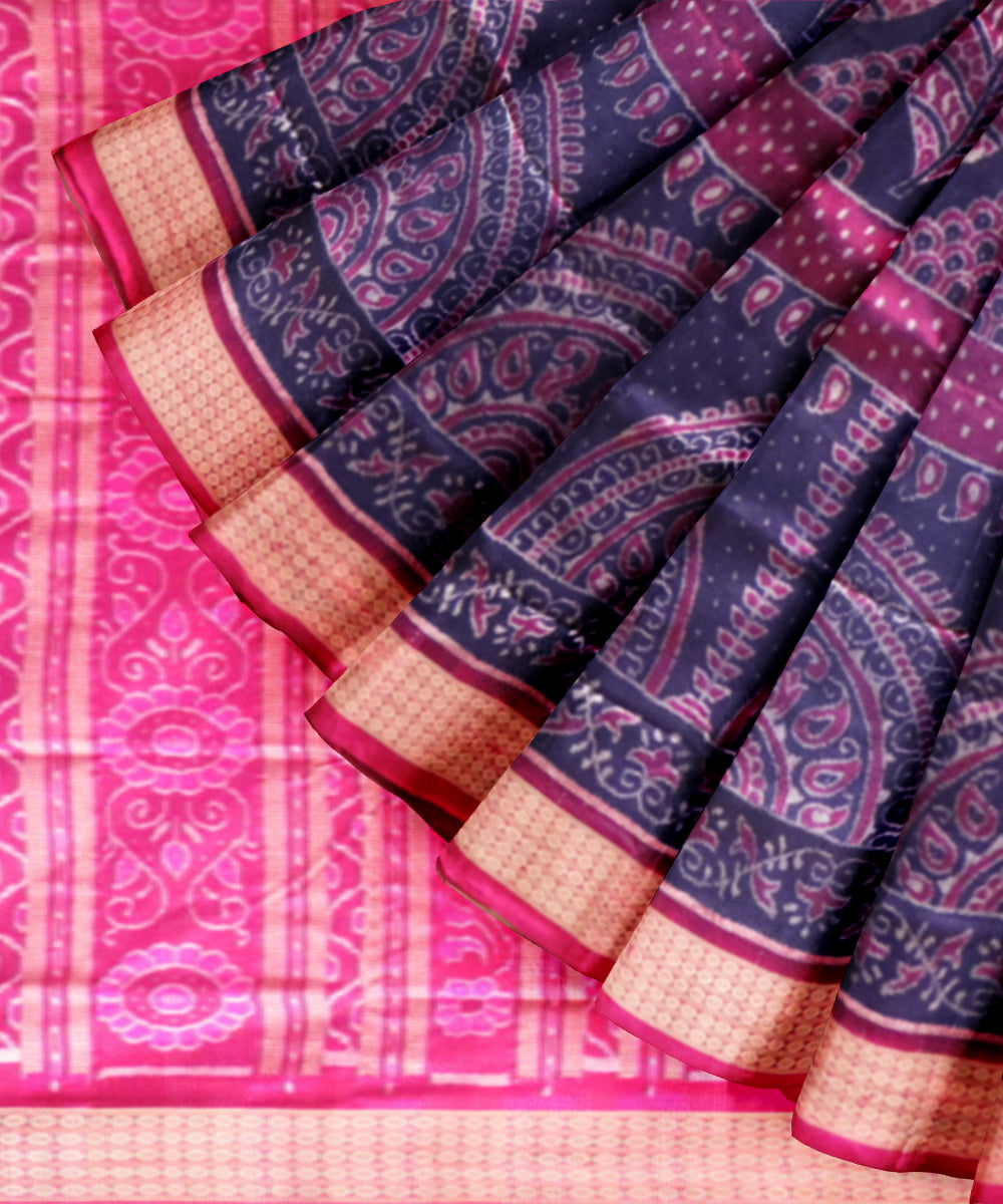 Navy blue deep cerise silk handloom sambalpuri saree