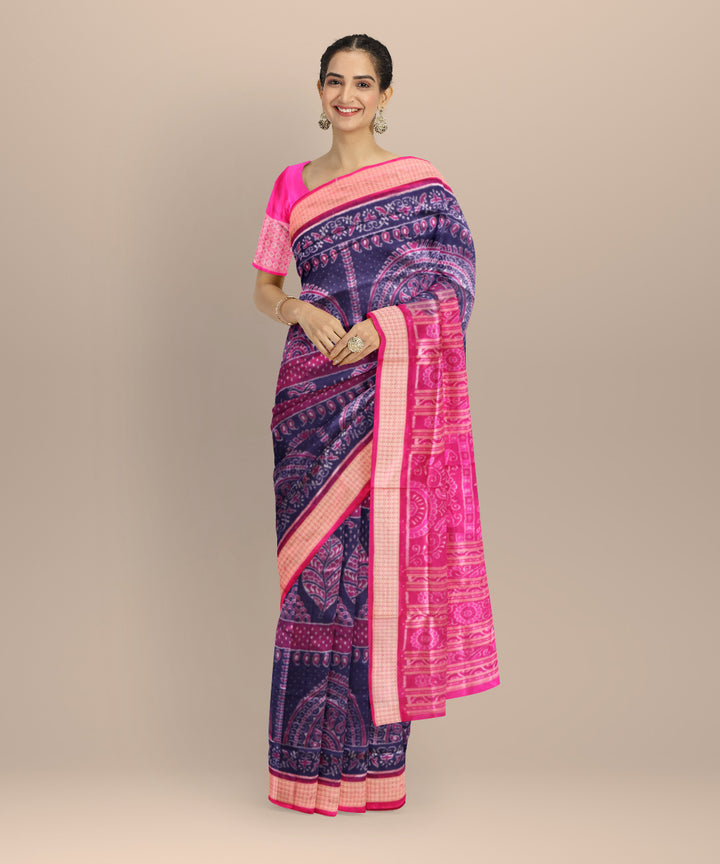 Navy blue deep cerise silk handloom sambalpuri saree