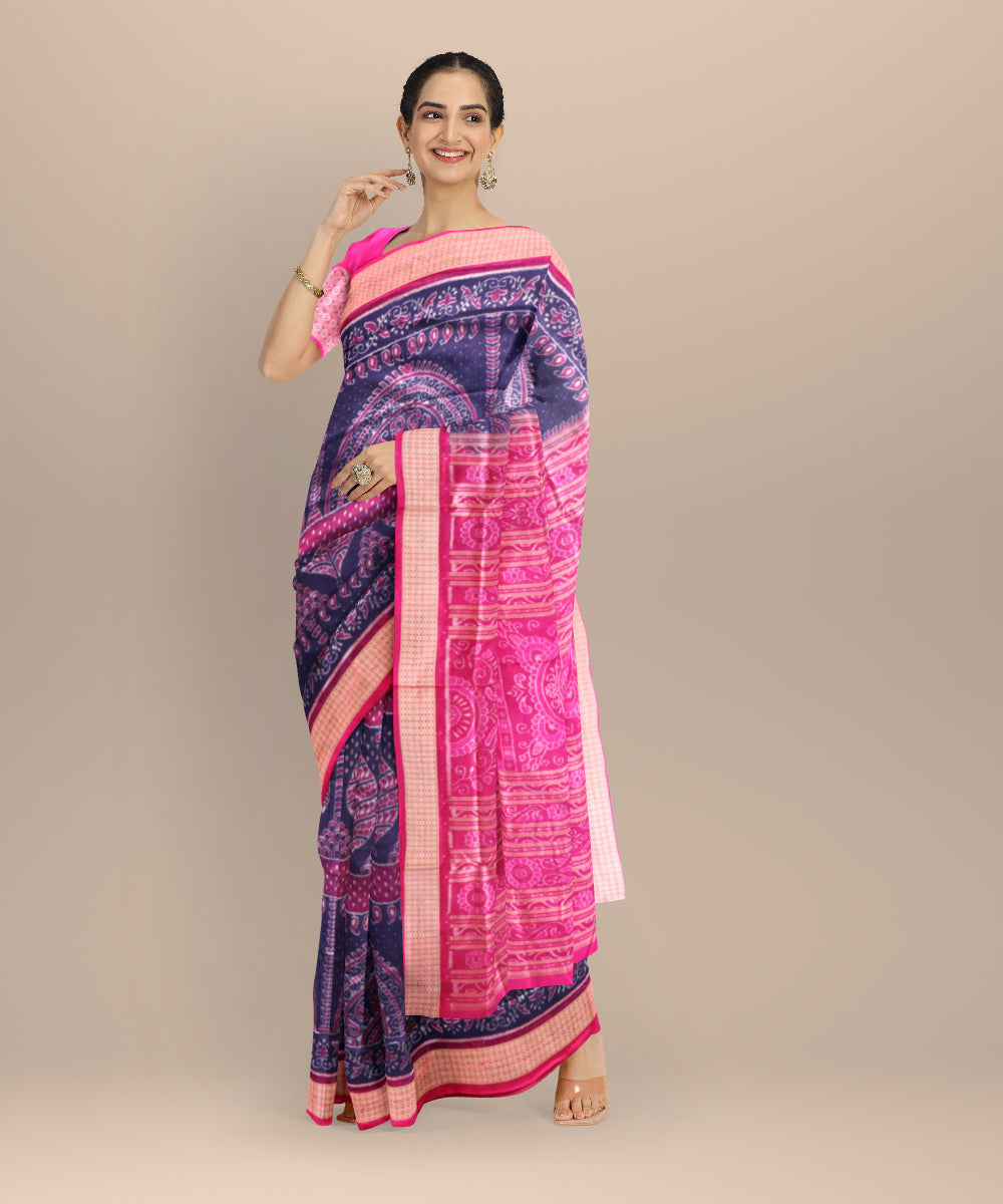 Navy blue deep cerise silk handloom sambalpuri saree