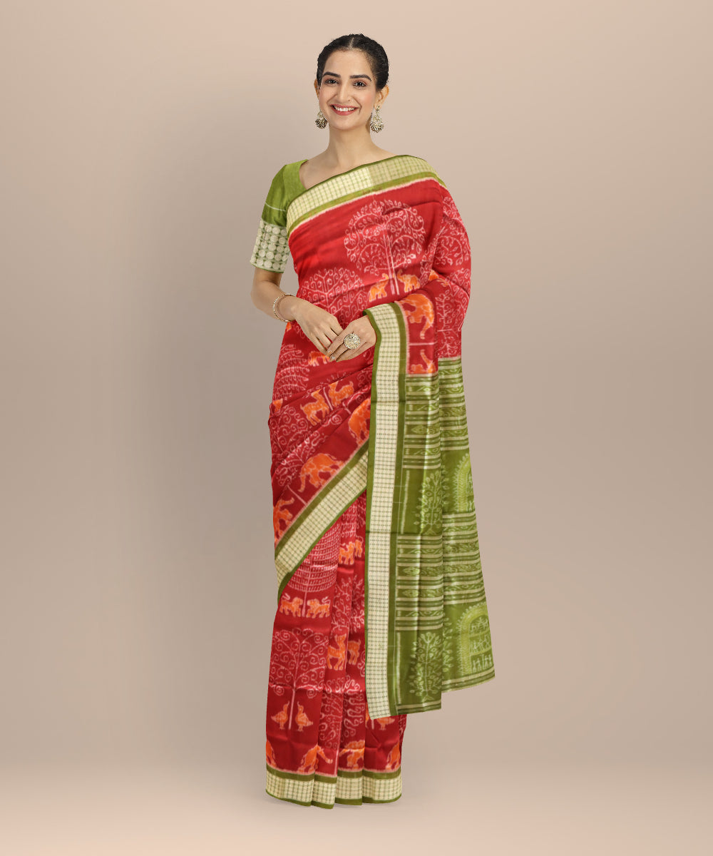 Maroon dark moss green silk handloom sambalpuri saree