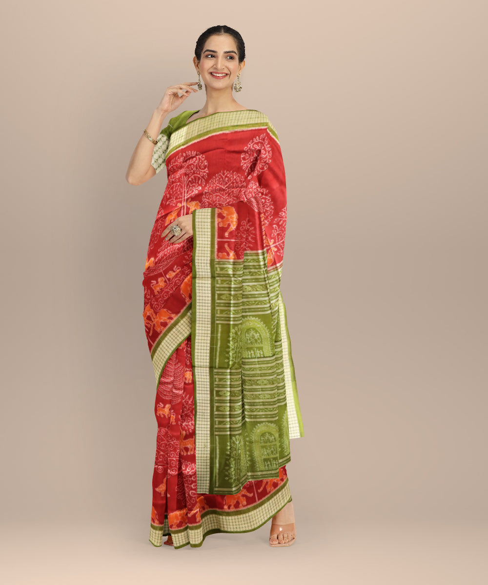 Maroon dark moss green silk handloom sambalpuri saree