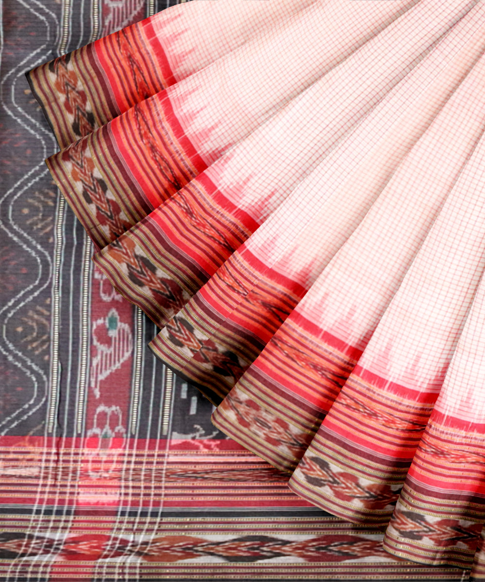 Offwhite black dark red cotton handloom nuapatna saree