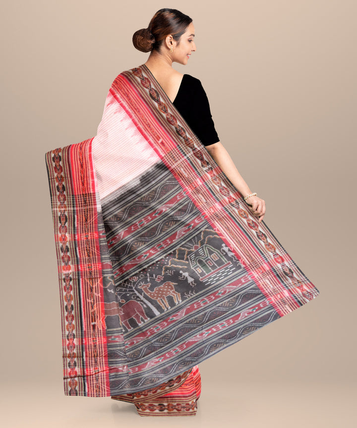 Offwhite black dark red cotton handloom nuapatna saree