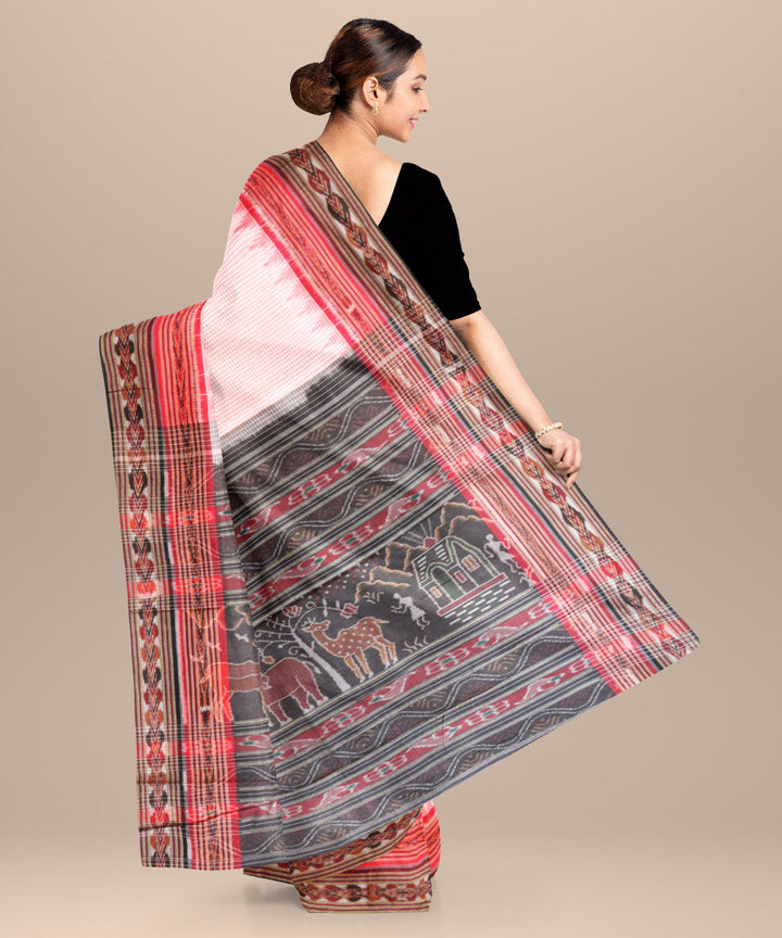 Offwhite black dark red cotton handloom nuapatna saree