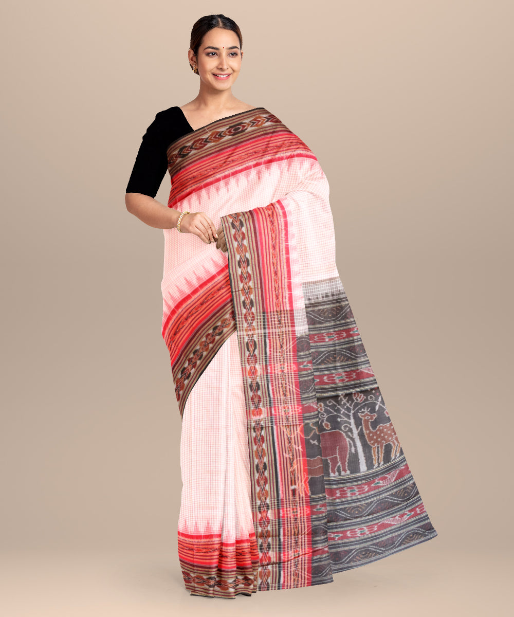 Offwhite black dark red cotton handloom nuapatna saree