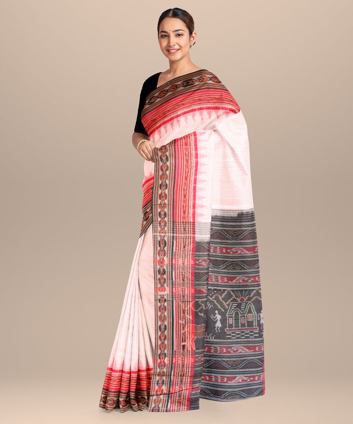 Offwhite black dark red cotton handloom nuapatna saree