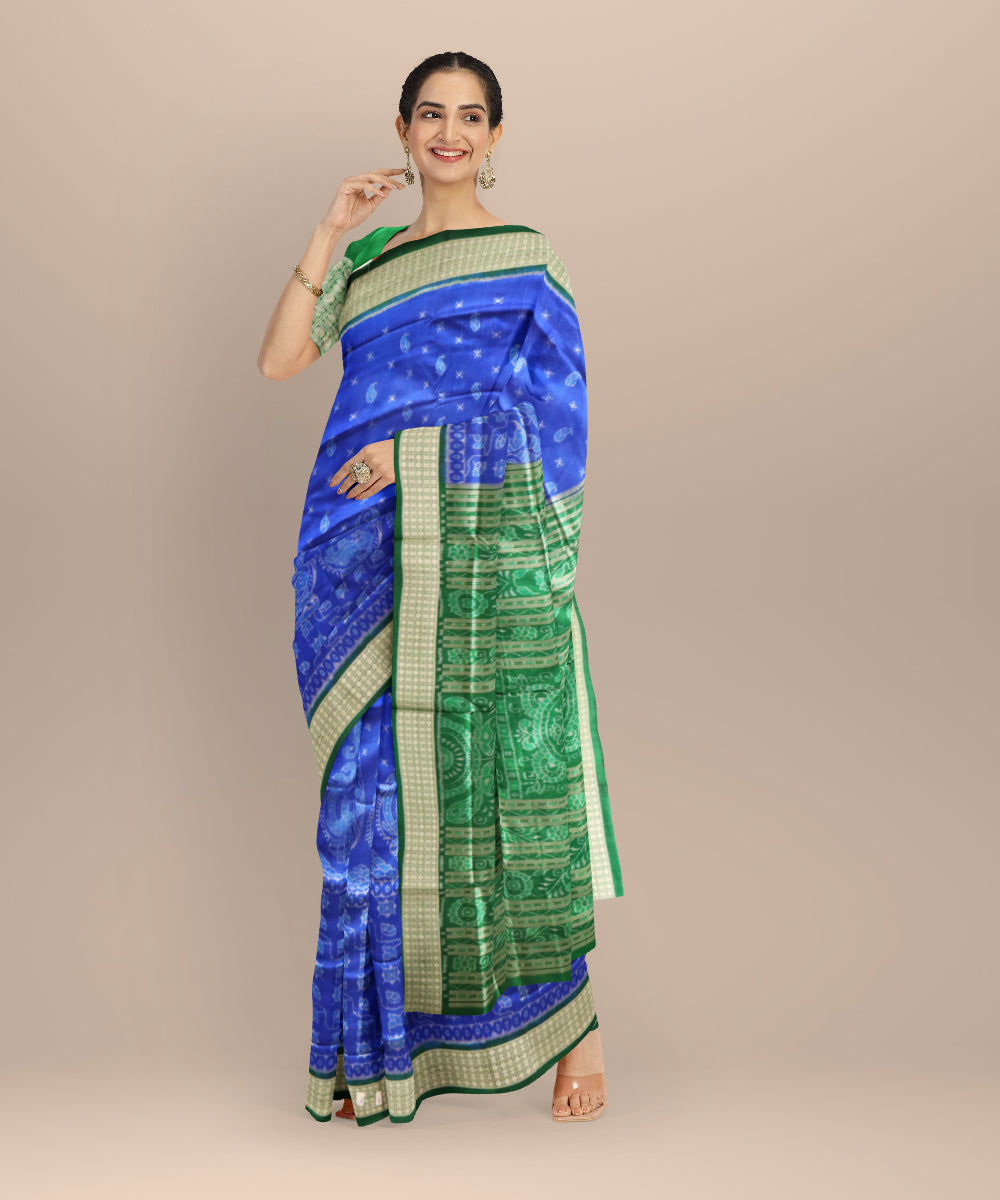 Cyan blue dark green silk handloom sambalpuri saree