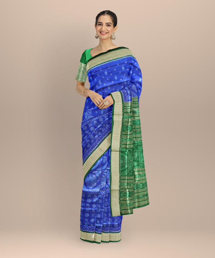 Cyan blue dark green silk handloom sambalpuri saree