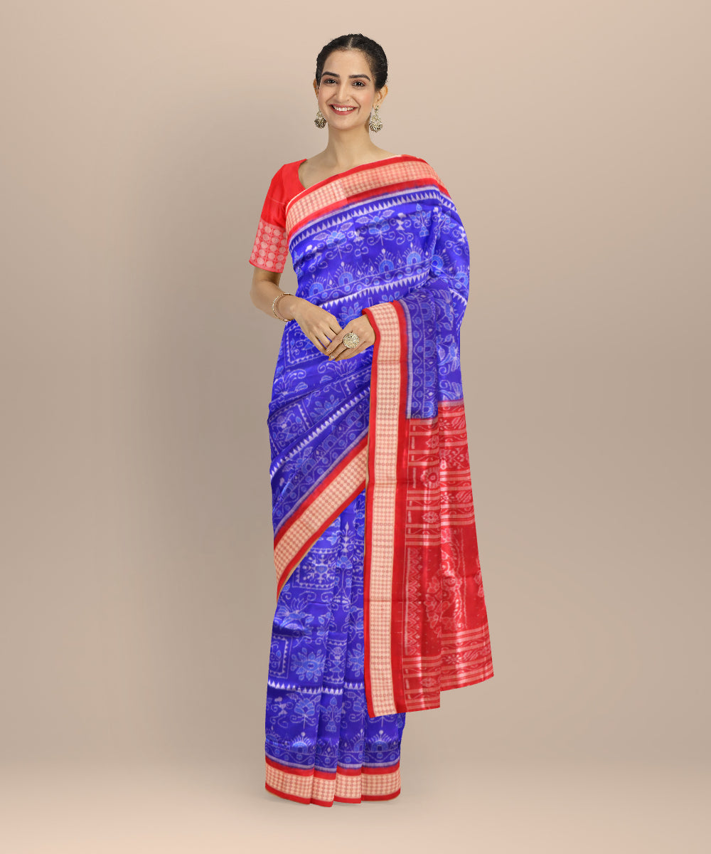Sky blue dark red silk handloom sambalpuri saree