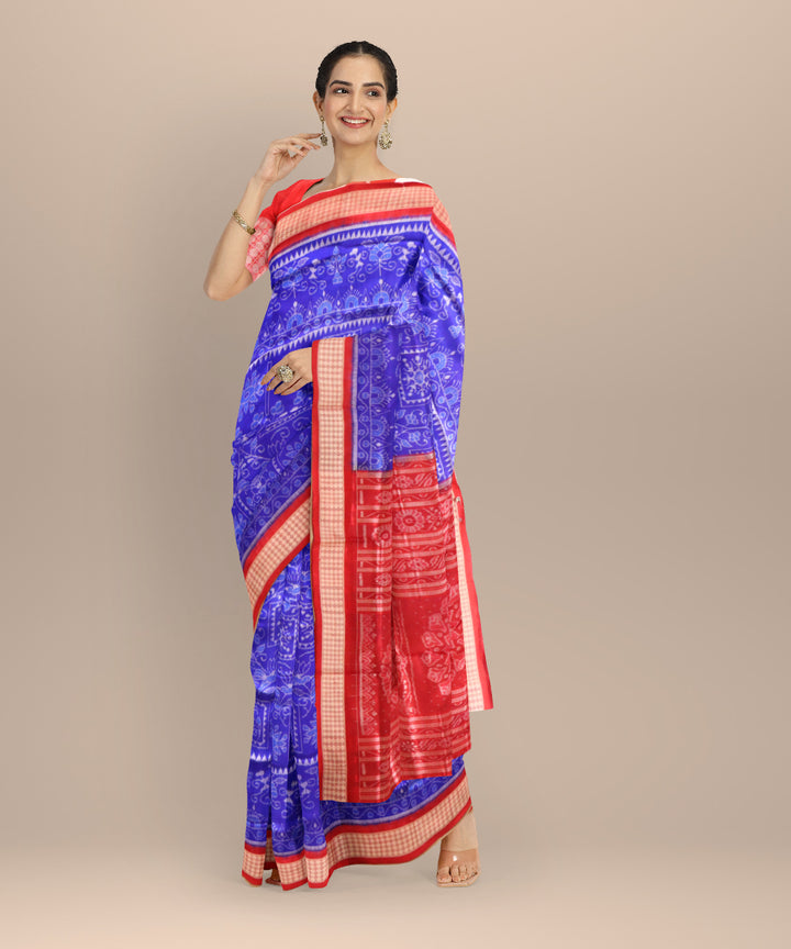 Sky blue dark red silk handloom sambalpuri saree