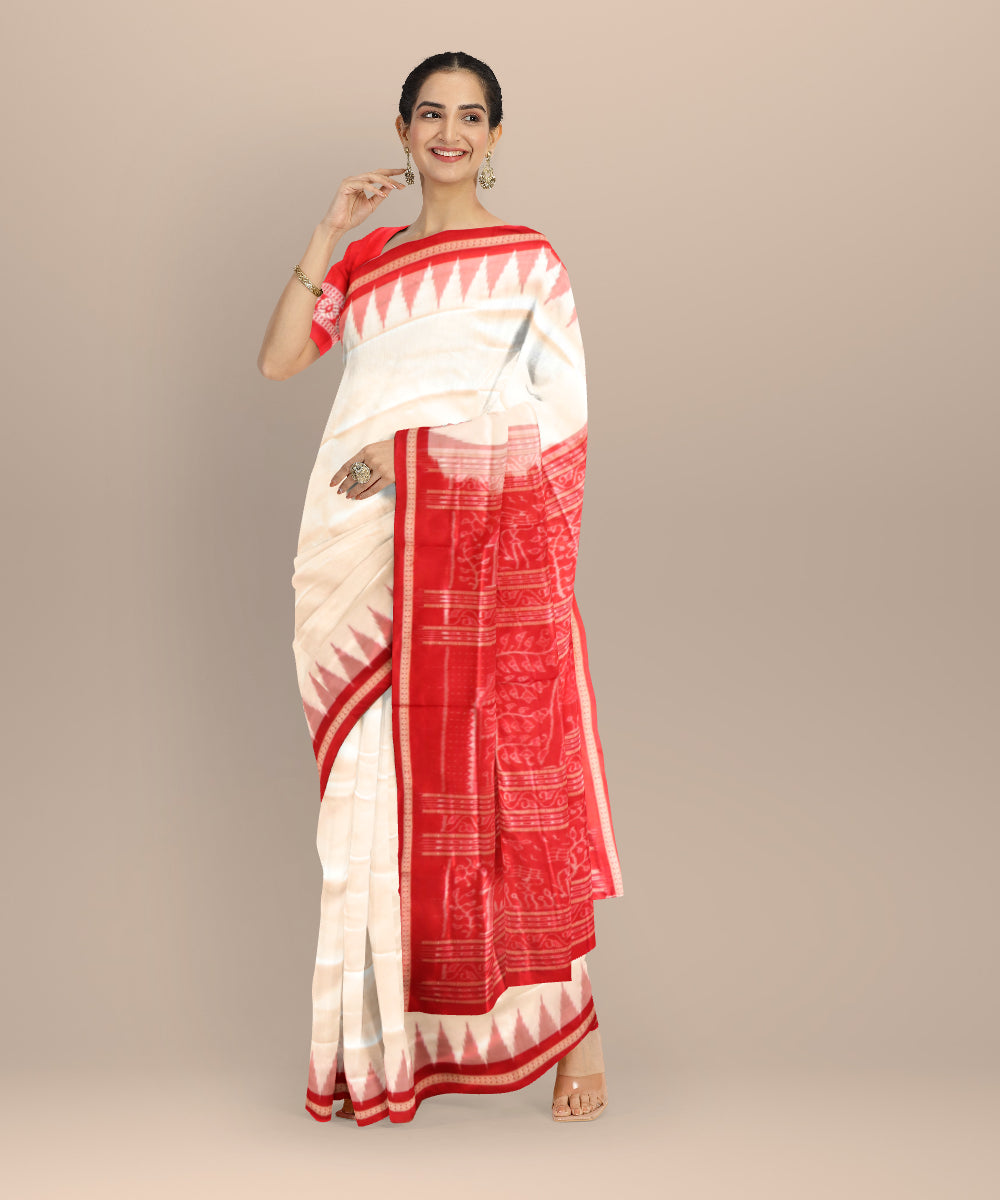 White dark red handloom sonepur silk saree