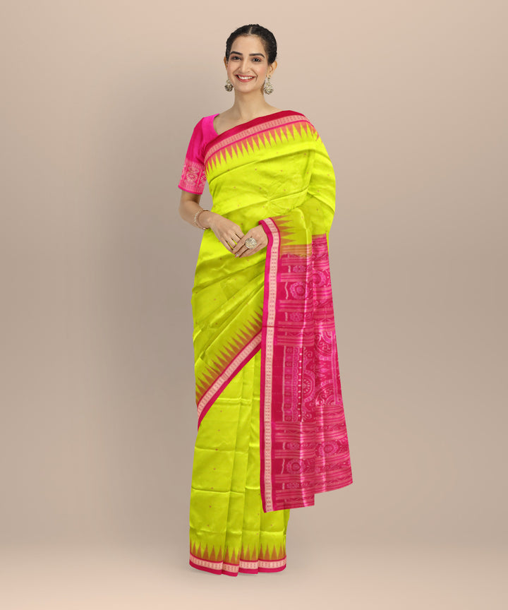 Lime green dark pink silk handloom sonepur saree