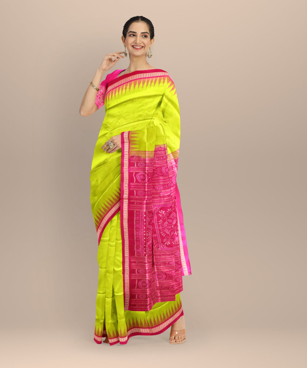 Lime green dark pink silk handloom sonepur saree