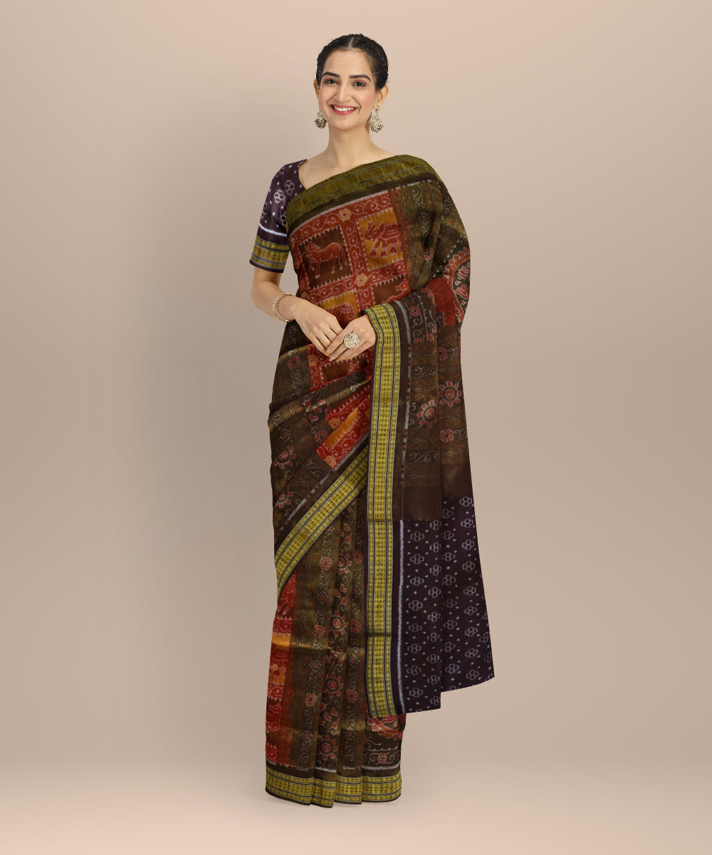 Multicolor & coffee Tissue silk sambalpuri handloom saree