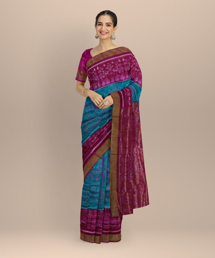 Sky blue deep pink silk handloom sambalpuri saree